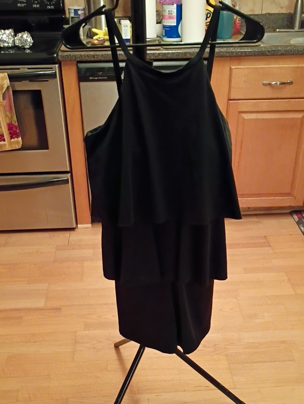 Women's Black Tiered One-Piece Swimdress with Spaghetti Straps